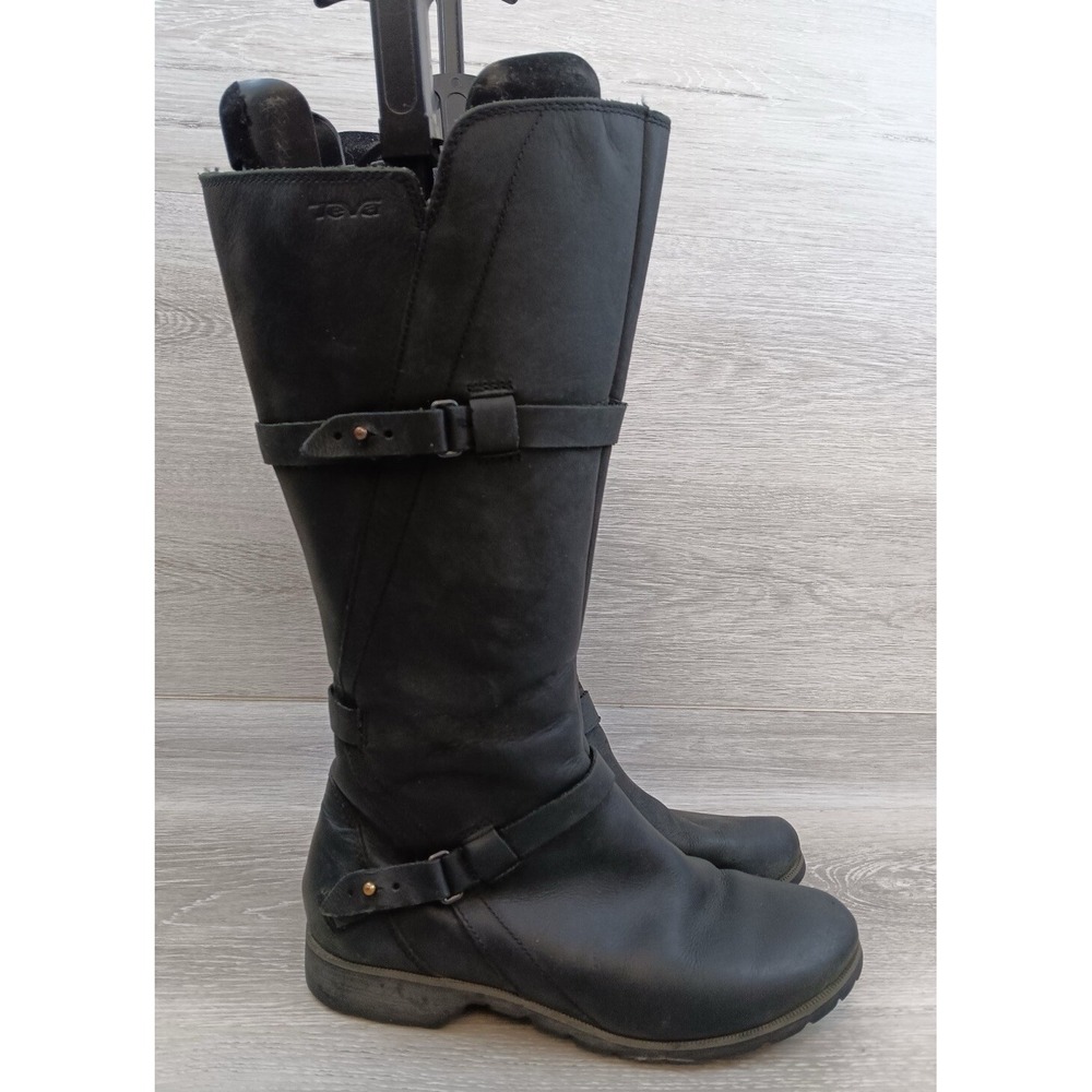 Teva Women's Boots Black Leather 6 Zip Buckle Comfort Moto Outdoor Fall Shoes